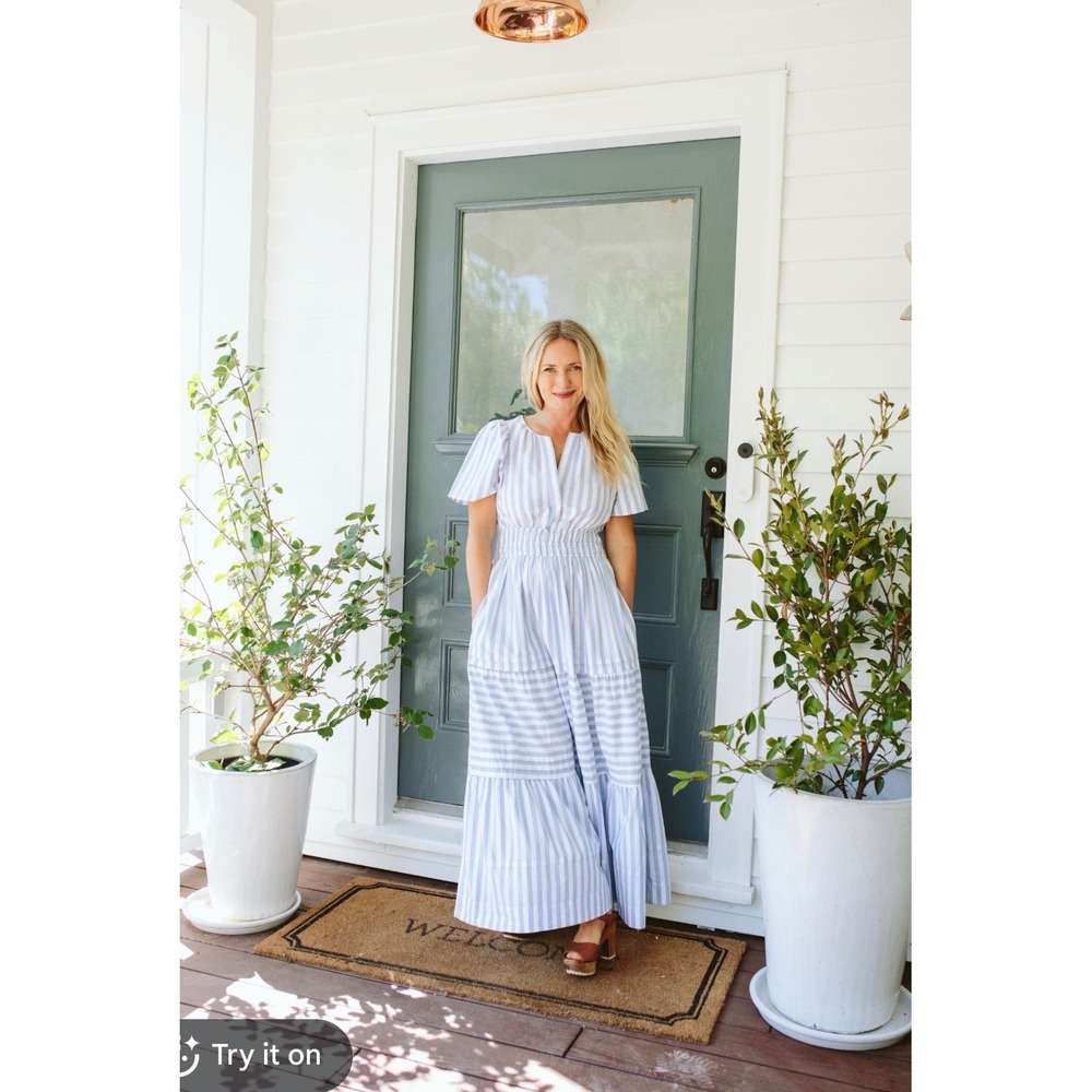 Anthropologie Blue White Striped Cotton Smocked Tiered Maxi Dress SP Somerset